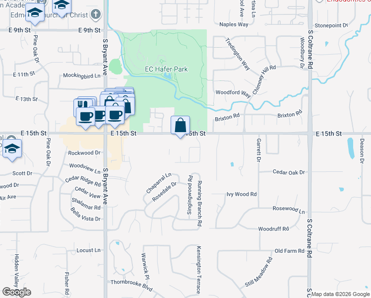 map of restaurants, bars, coffee shops, grocery stores, and more near 1605 Hazelhurst in Edmond