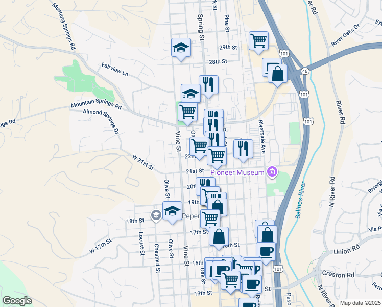 map of restaurants, bars, coffee shops, grocery stores, and more near 2203 Oak Street in Paso Robles