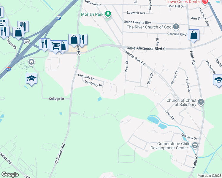 map of restaurants, bars, coffee shops, grocery stores, and more near 1714 Terra Court in Salisbury