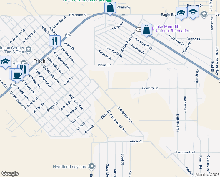 map of restaurants, bars, coffee shops, grocery stores, and more near 1 Cowboy Lane in Fritch
