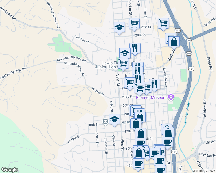 map of restaurants, bars, coffee shops, grocery stores, and more near 2213 Olive Street in Paso Robles