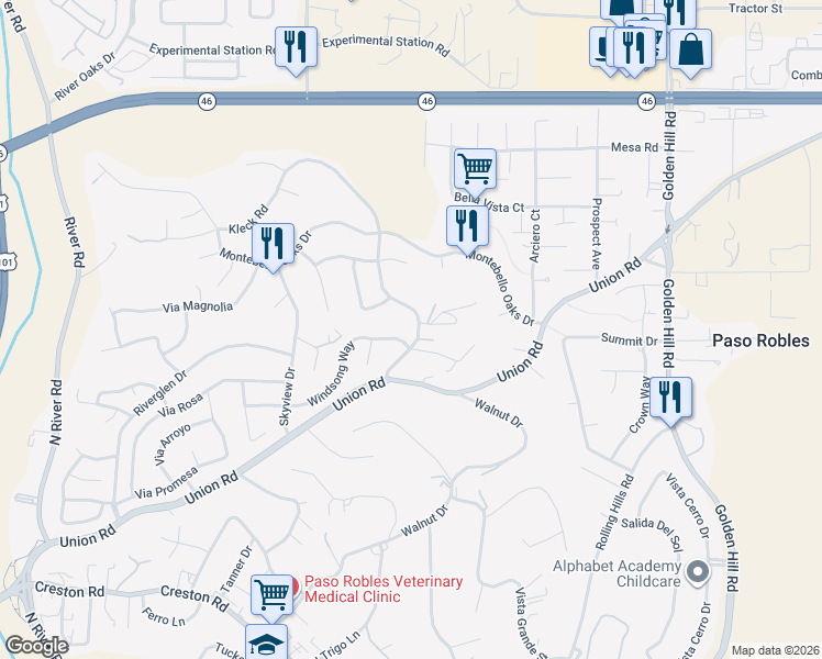 map of restaurants, bars, coffee shops, grocery stores, and more near 1639 Kleck Road in Paso Robles
