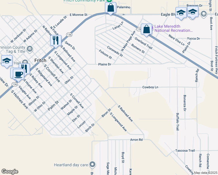 map of restaurants, bars, coffee shops, grocery stores, and more near 1 Cowboy Lane in Fritch