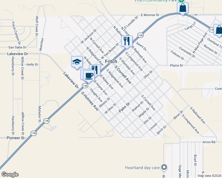map of restaurants, bars, coffee shops, grocery stores, and more near 302 South Robey Avenue in Fritch