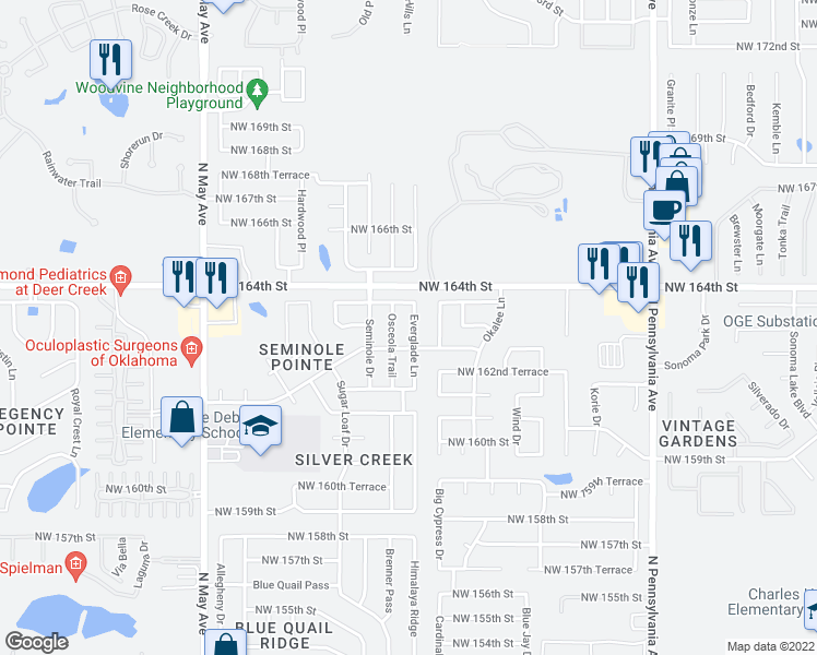 map of restaurants, bars, coffee shops, grocery stores, and more near 16313 Everglade Lane in Edmond