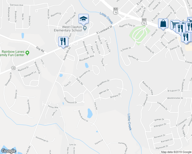 map of restaurants, bars, coffee shops, grocery stores, and more near 3005 Benningwood Court in Clayton