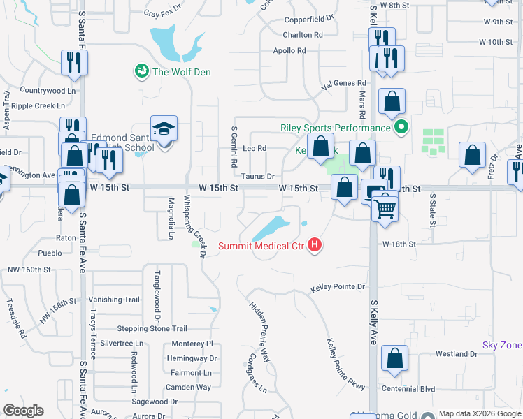 map of restaurants, bars, coffee shops, grocery stores, and more near 1605a Lakeshore Drive in Edmond