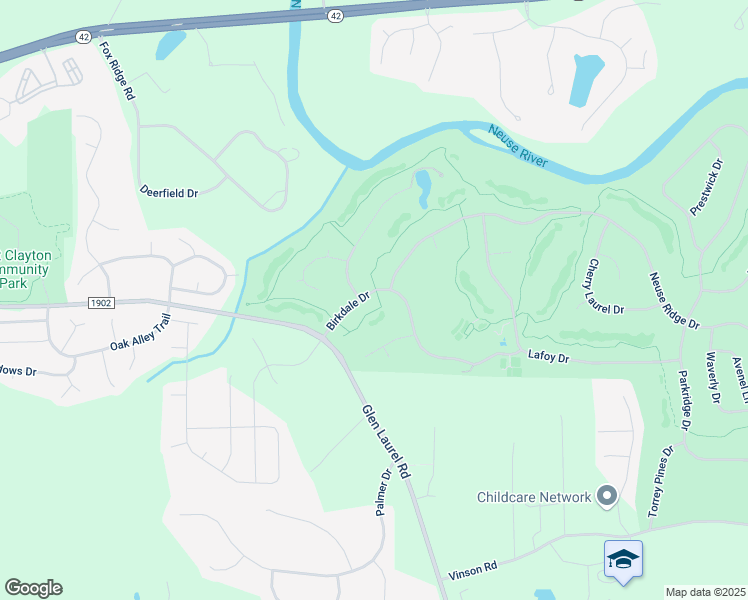 map of restaurants, bars, coffee shops, grocery stores, and more near 703 Birkdale Drive in Clayton