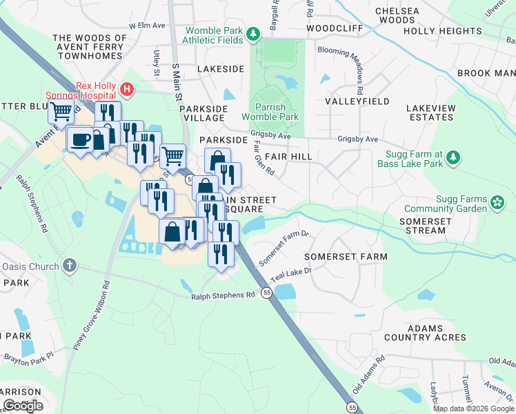 map of restaurants, bars, coffee shops, grocery stores, and more near 2039 Hayes Lane in Holly Springs