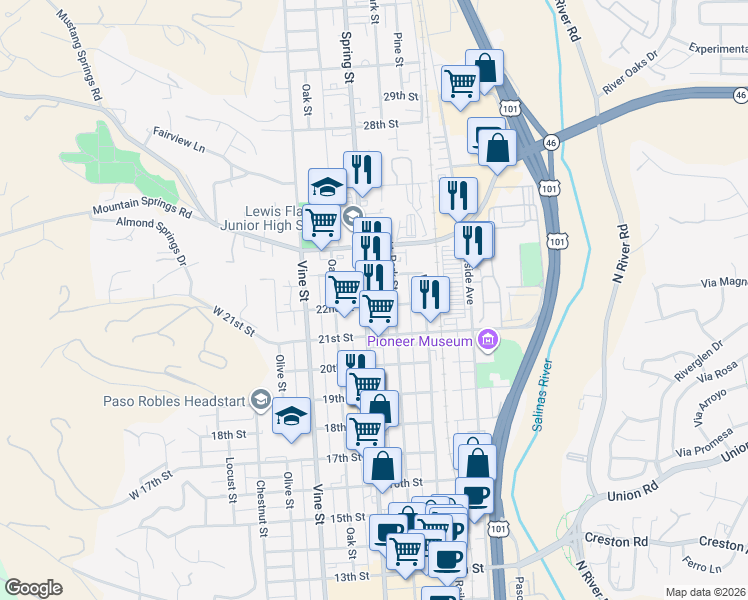 map of restaurants, bars, coffee shops, grocery stores, and more near 2145 Park Street in Paso Robles
