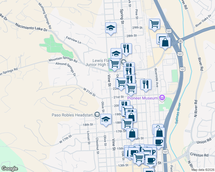map of restaurants, bars, coffee shops, grocery stores, and more near 519 22nd Street in Paso Robles