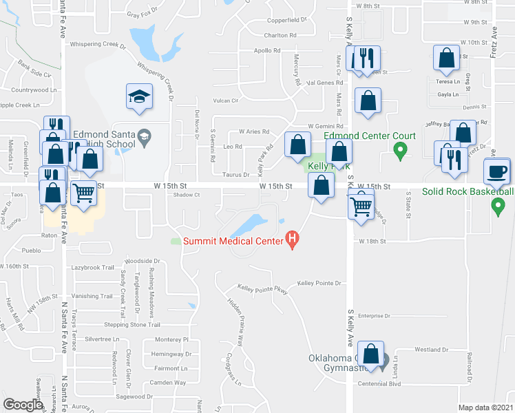 map of restaurants, bars, coffee shops, grocery stores, and more near 1601c Lakeshore Drive in Edmond