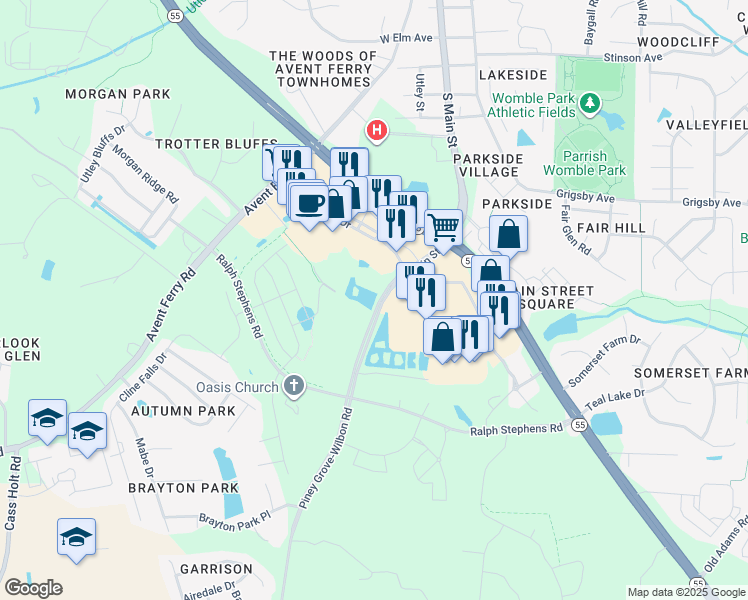 map of restaurants, bars, coffee shops, grocery stores, and more near 1012 South Main Street in Holly Springs