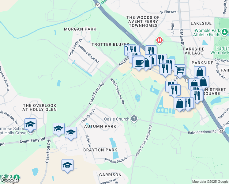 map of restaurants, bars, coffee shops, grocery stores, and more near 1720 Ralph Stephens Road in Holly Springs