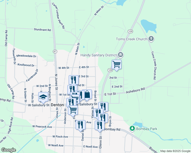 map of restaurants, bars, coffee shops, grocery stores, and more near 266 East 3rd Street in Denton