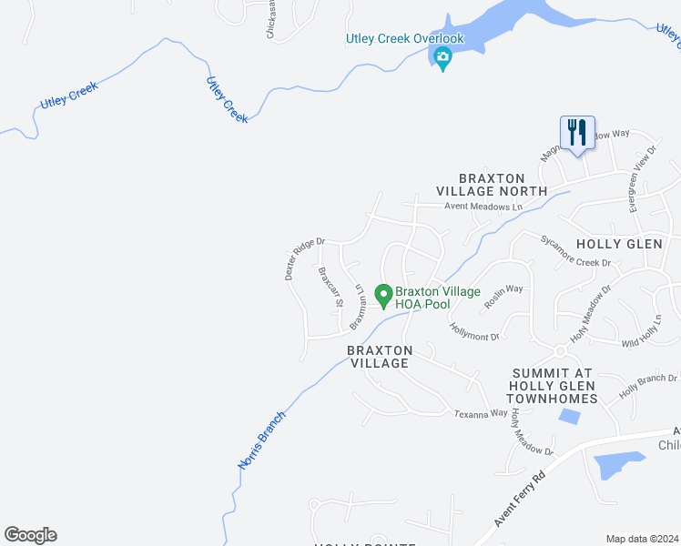map of restaurants, bars, coffee shops, grocery stores, and more near 200 Braxman Lane in Holly Springs