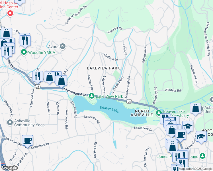 map of restaurants, bars, coffee shops, grocery stores, and more near 33 East Avon Parkway in Asheville