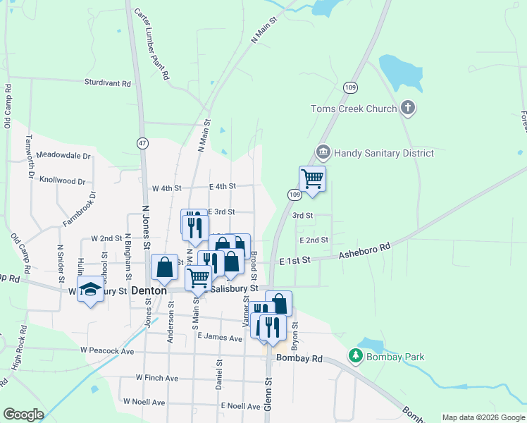 map of restaurants, bars, coffee shops, grocery stores, and more near 252 Broad St in Denton