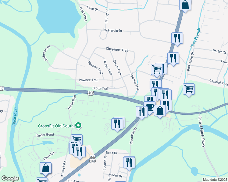 map of restaurants, bars, coffee shops, grocery stores, and more near 305 Sioux Trail in Columbia