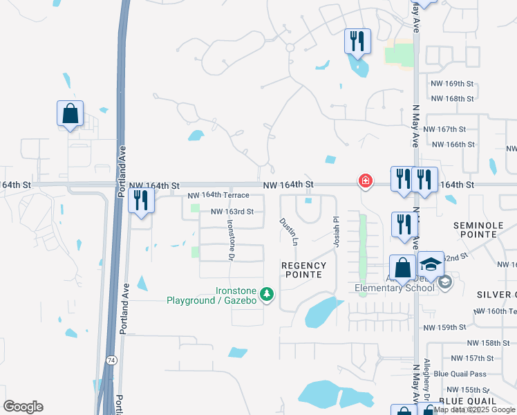 map of restaurants, bars, coffee shops, grocery stores, and more near 3305 Northwest 163rd Street in Edmond