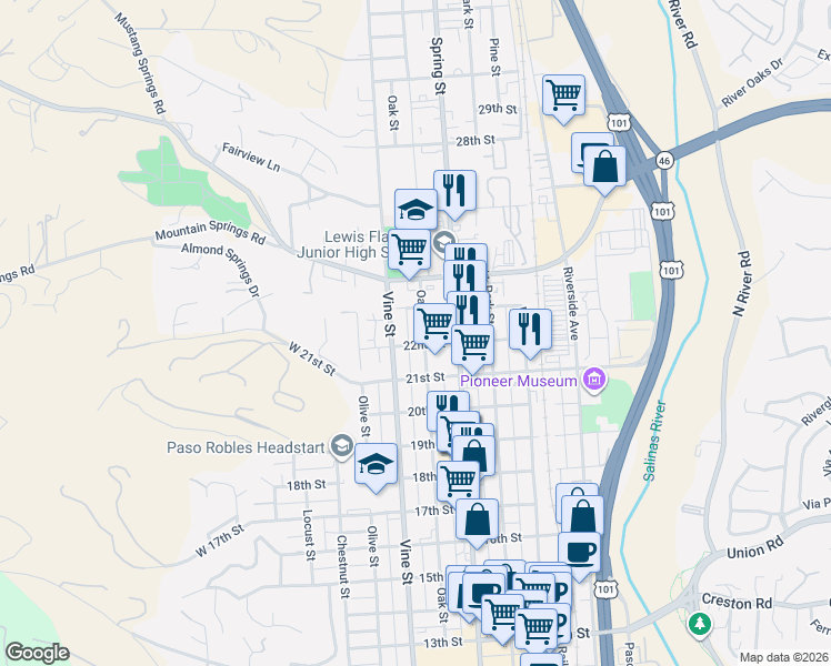 map of restaurants, bars, coffee shops, grocery stores, and more near 519 22nd Street in Paso Robles