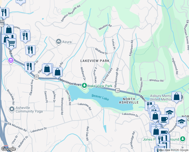 map of restaurants, bars, coffee shops, grocery stores, and more near in Woodfin
