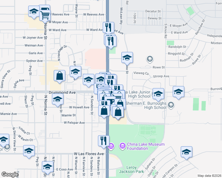 map of restaurants, bars, coffee shops, grocery stores, and more near 880 North China Lake Boulevard in Ridgecrest