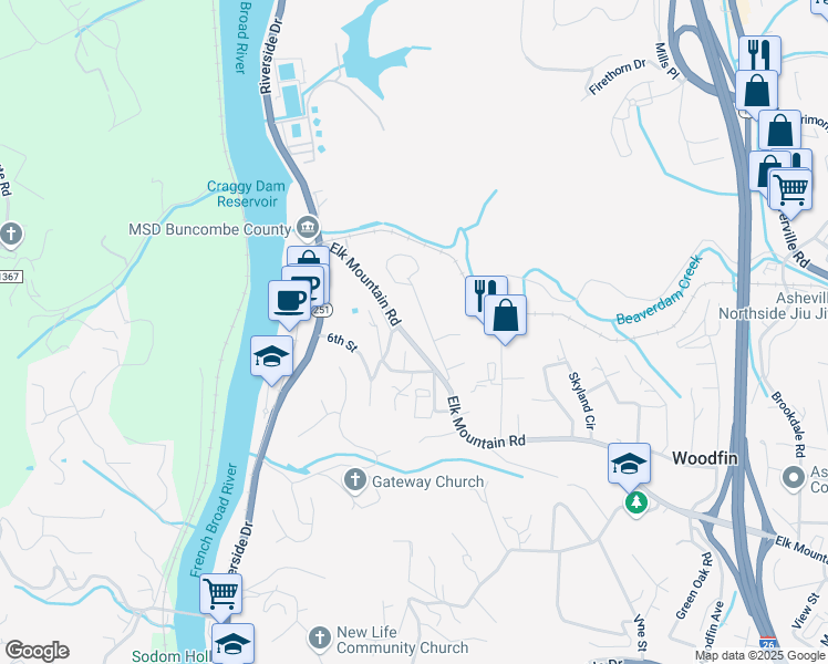 map of restaurants, bars, coffee shops, grocery stores, and more near 99999 Elk Mountain Road in Woodfin
