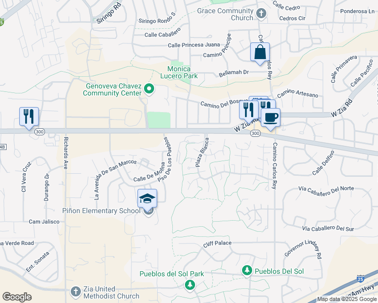 map of restaurants, bars, coffee shops, grocery stores, and more near 3130 Plaza Blanca in Santa Fe