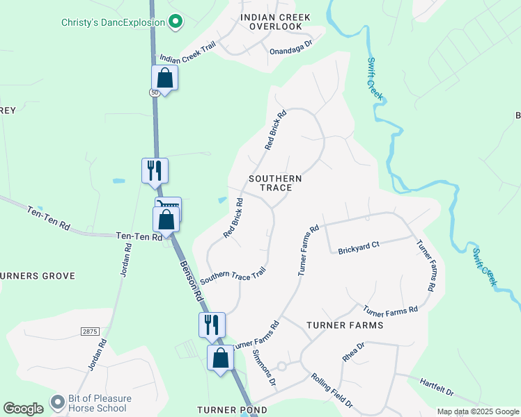 map of restaurants, bars, coffee shops, grocery stores, and more near 1201 Southern Trace Trail in Garner