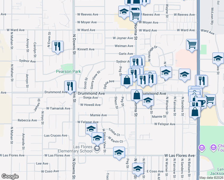 map of restaurants, bars, coffee shops, grocery stores, and more near 630 Sonja Avenue in Ridgecrest