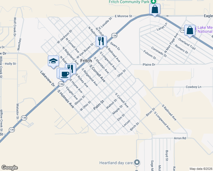 map of restaurants, bars, coffee shops, grocery stores, and more near 408 Ohio Street in Fritch