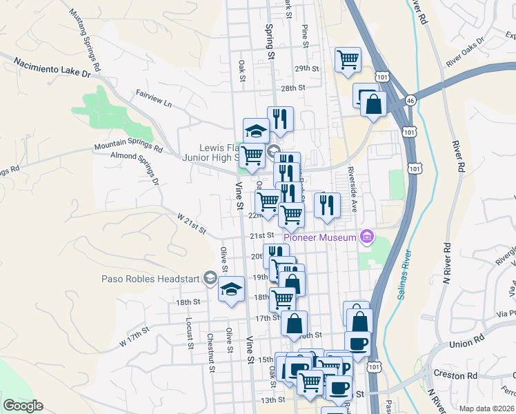 map of restaurants, bars, coffee shops, grocery stores, and more near 2221 Oak Street in Paso Robles