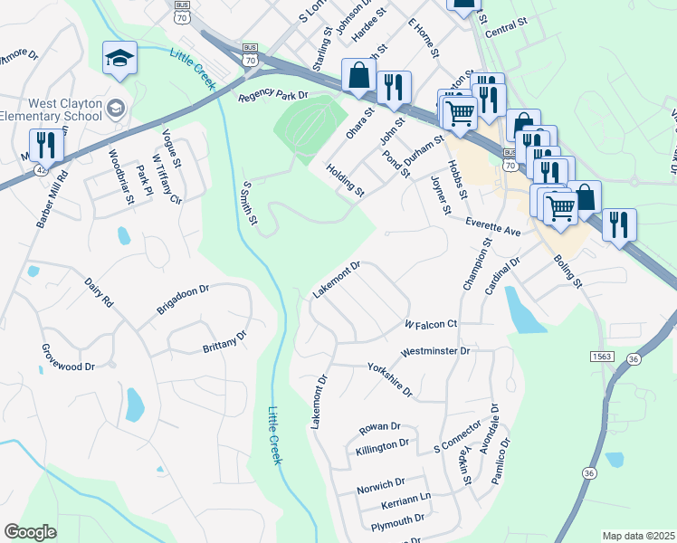 map of restaurants, bars, coffee shops, grocery stores, and more near 637 Lakemont Drive in Clayton