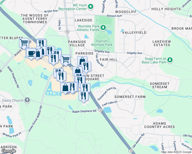 map of restaurants, bars, coffee shops, grocery stores, and more near 2029 Hayes Lane in Holly Springs