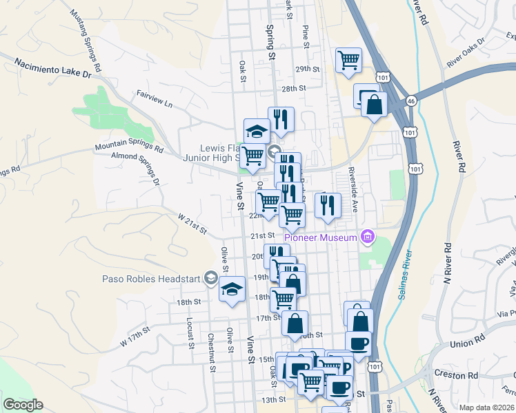 map of restaurants, bars, coffee shops, grocery stores, and more near 2221 Oak Street in Paso Robles