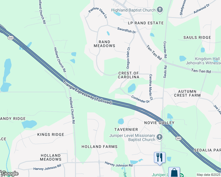map of restaurants, bars, coffee shops, grocery stores, and more near 4801 Contender Drive in Raleigh