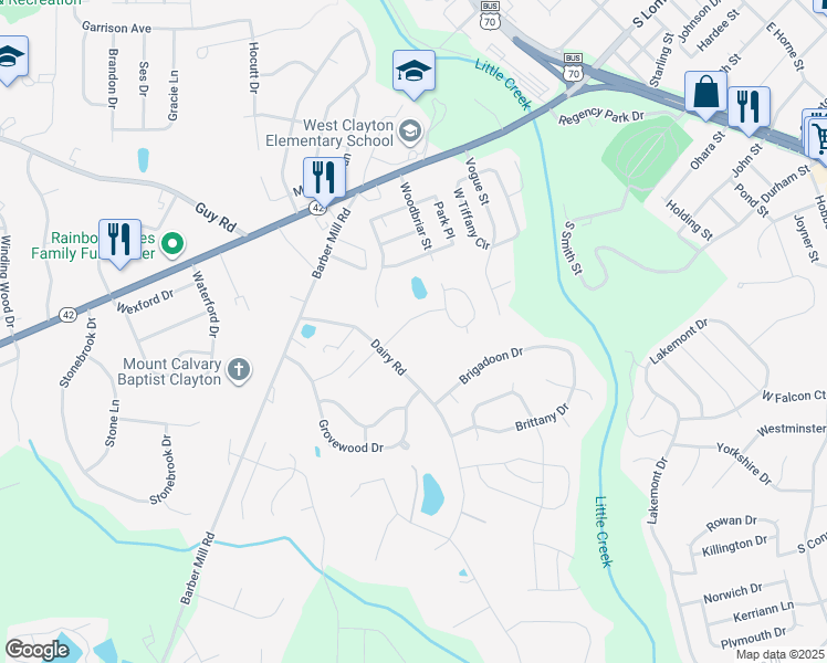 map of restaurants, bars, coffee shops, grocery stores, and more near 2837 Bennington Drive in Clayton
