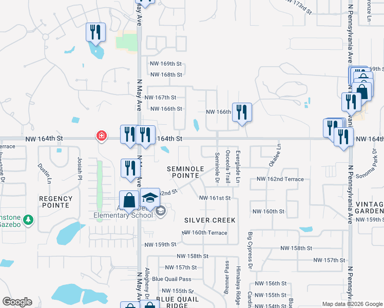 map of restaurants, bars, coffee shops, grocery stores, and more near 16409 Oconee Creek Drive in Edmond