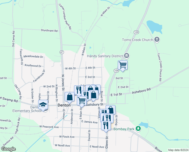 map of restaurants, bars, coffee shops, grocery stores, and more near 266 East 3rd Street in Denton