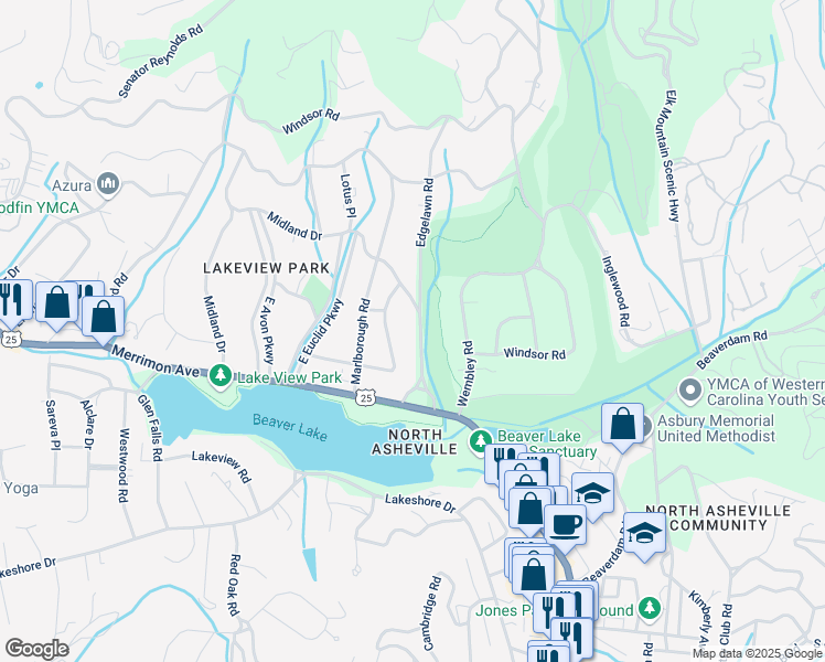 map of restaurants, bars, coffee shops, grocery stores, and more near 76 Midland Drive in Asheville