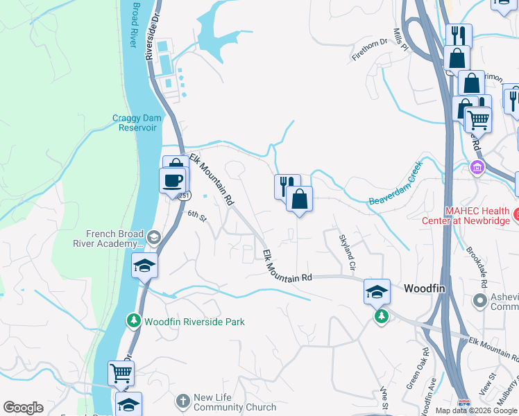 map of restaurants, bars, coffee shops, grocery stores, and more near 215 Elk Mountain Road in Woodfin