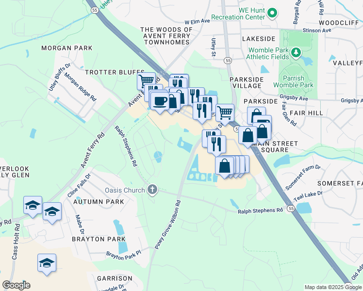map of restaurants, bars, coffee shops, grocery stores, and more near 1012 South Main Street in Holly Springs