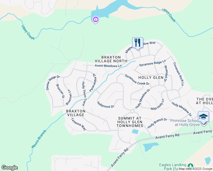 map of restaurants, bars, coffee shops, grocery stores, and more near 924 Hollymont Drive in Holly Springs