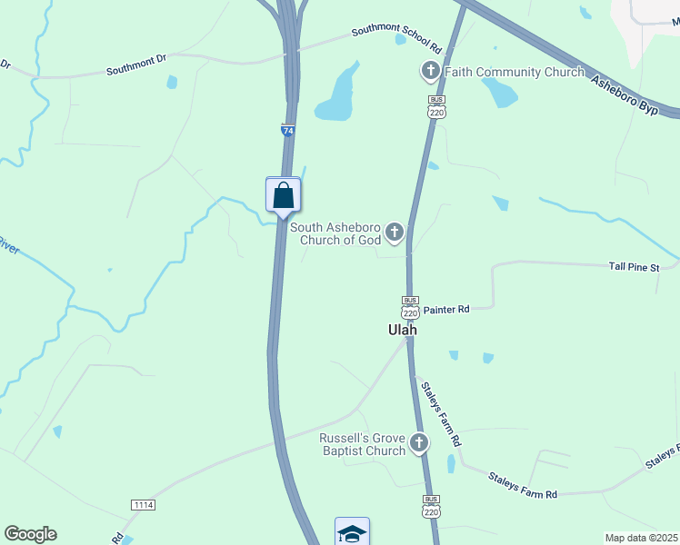 map of restaurants, bars, coffee shops, grocery stores, and more near 215 Coy Stella Trail in Asheboro