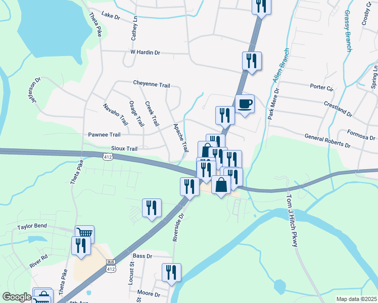 map of restaurants, bars, coffee shops, grocery stores, and more near 1107 Nashville Highway in Columbia