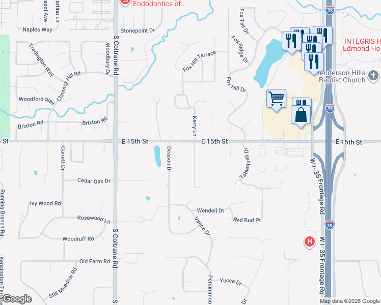 map of restaurants, bars, coffee shops, grocery stores, and more near 1606 Deason Drive in Edmond