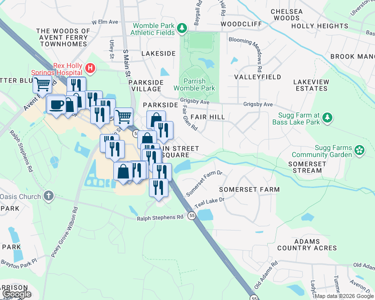 map of restaurants, bars, coffee shops, grocery stores, and more near 2039 Hayes Lane in Holly Springs