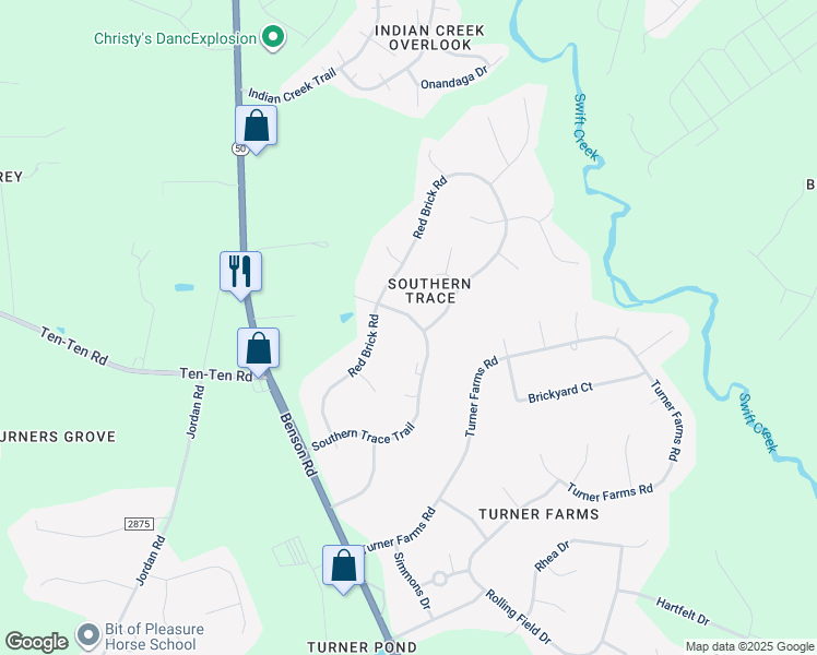 map of restaurants, bars, coffee shops, grocery stores, and more near 1201 Southern Trace Trail in Garner