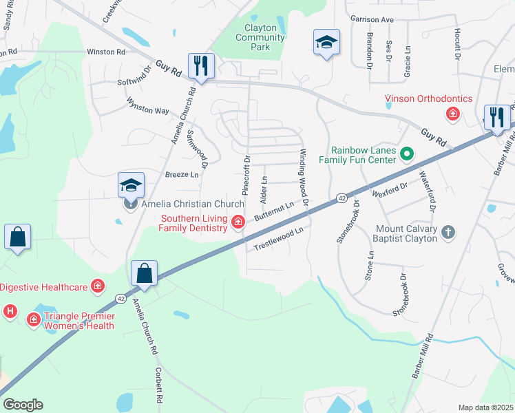 map of restaurants, bars, coffee shops, grocery stores, and more near 204 Alder Lane in Clayton